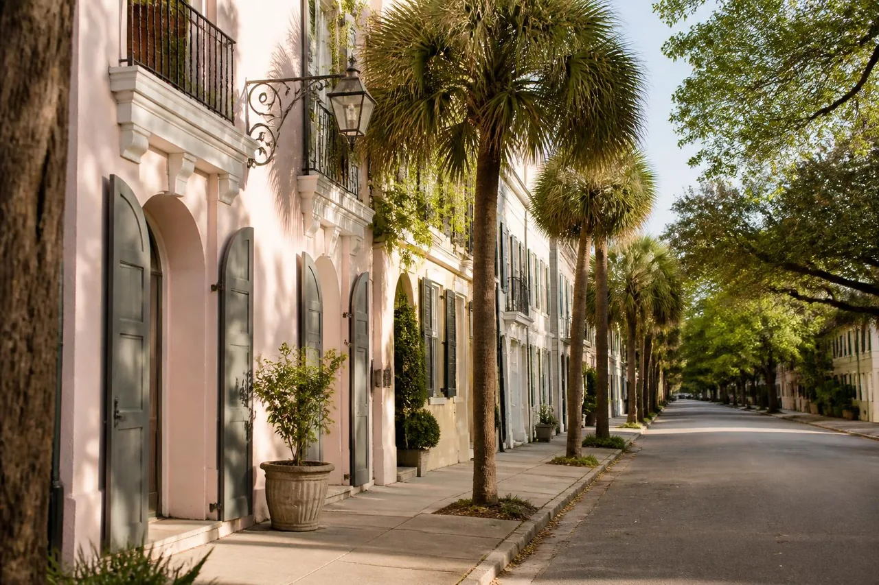 A quiet historic Charleston street lined with pastel homes and palmetto trees