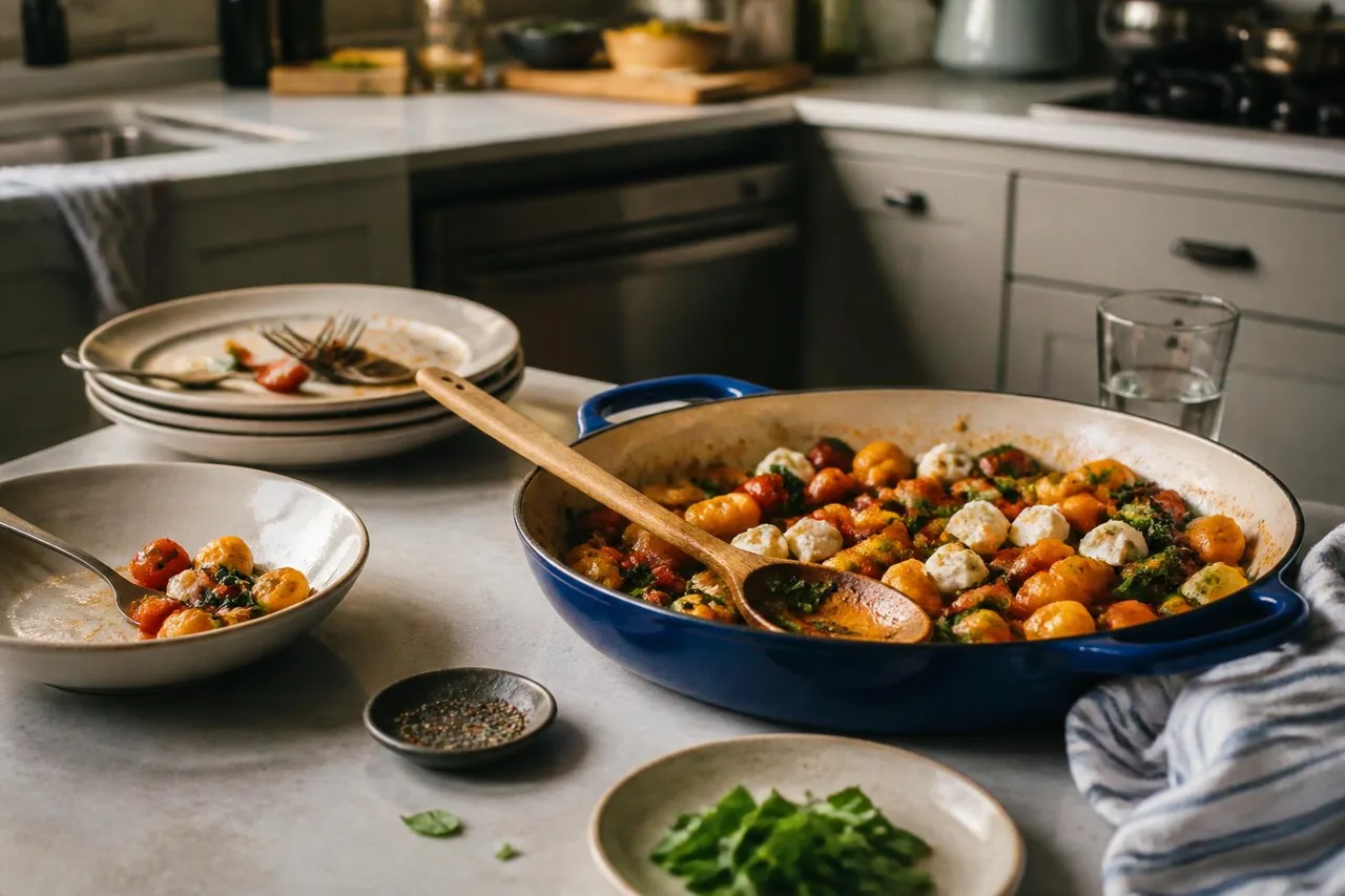 A colorful weeknight dinner being served in a home kitchen
