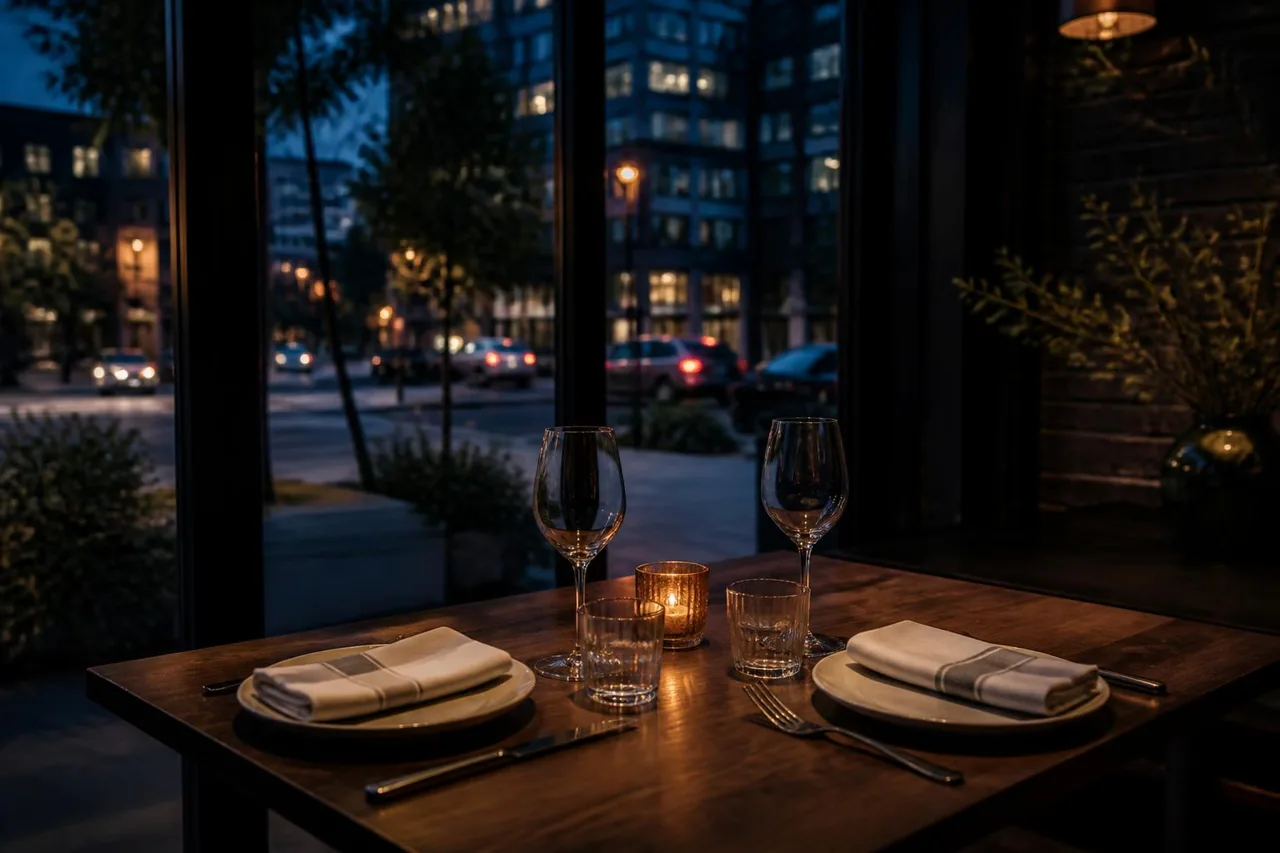 A table for two ready at a neighborhood restaurant in the evening